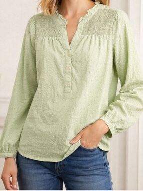 Talbots Light Green Smocked Blouse Large Spring Cottagecore Boho Top